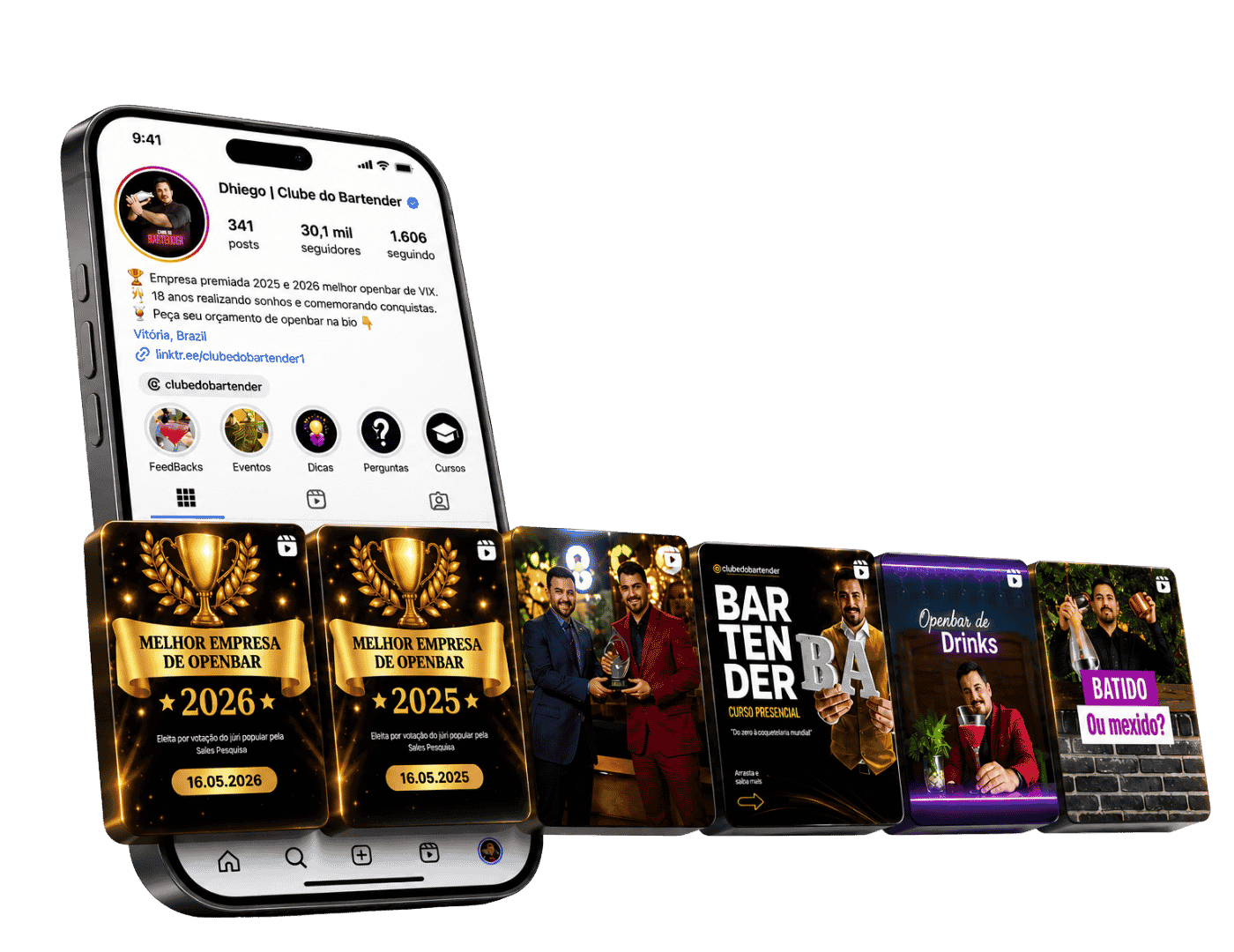 Perfil do Instagram do Clube do Bartender com destaques de prêmios e conteúdos